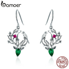 BAMOER Authentic 925 Sterling Silver Elk Legend Crystal Tree Leaves Drop Earrings for Women Sterling Silver Jewelry Gift SCE367