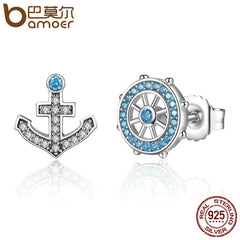 BAMOER Popular 100% 925 Sterling Silver Anchor & Rudder Blue Crystals Stud Earrings Women Fashion Boat Element Jewelry SCE030
