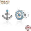 BAMOER Popular 100% 925 Sterling Silver Anchor & Rudder Blue Crystals Stud Earrings Women Fashion Boat Element Jewelry SCE030